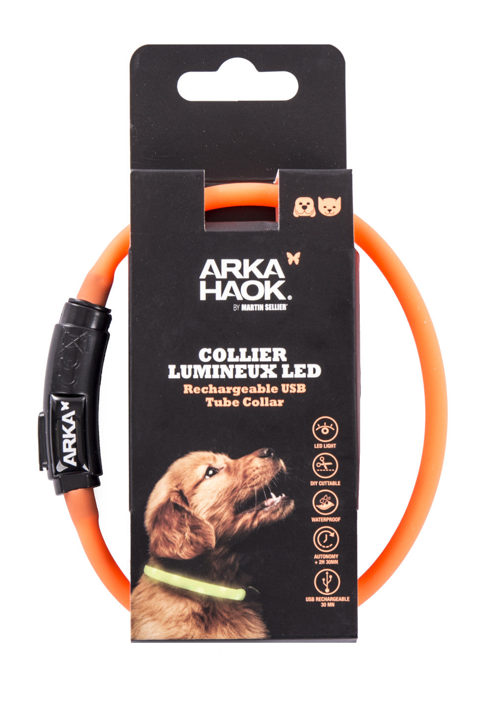 Collier Tube Led Orange Martin Sellier pour petit chien