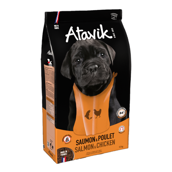 croquettes sans cereales pour chiot saumon et poulet atavik
