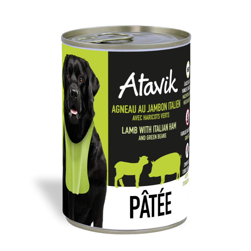 Boite de pâtée chien Atavik agneau jambon italien 400g