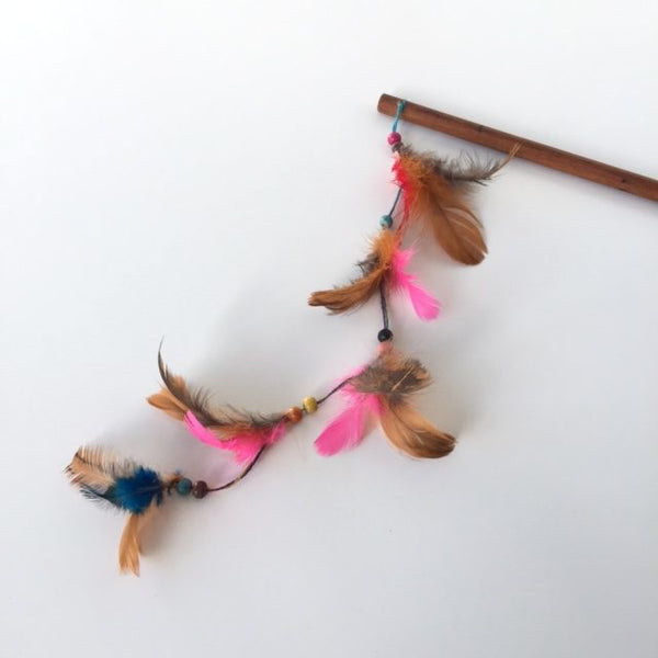 Canne pour chat plumes fushia et rousses
