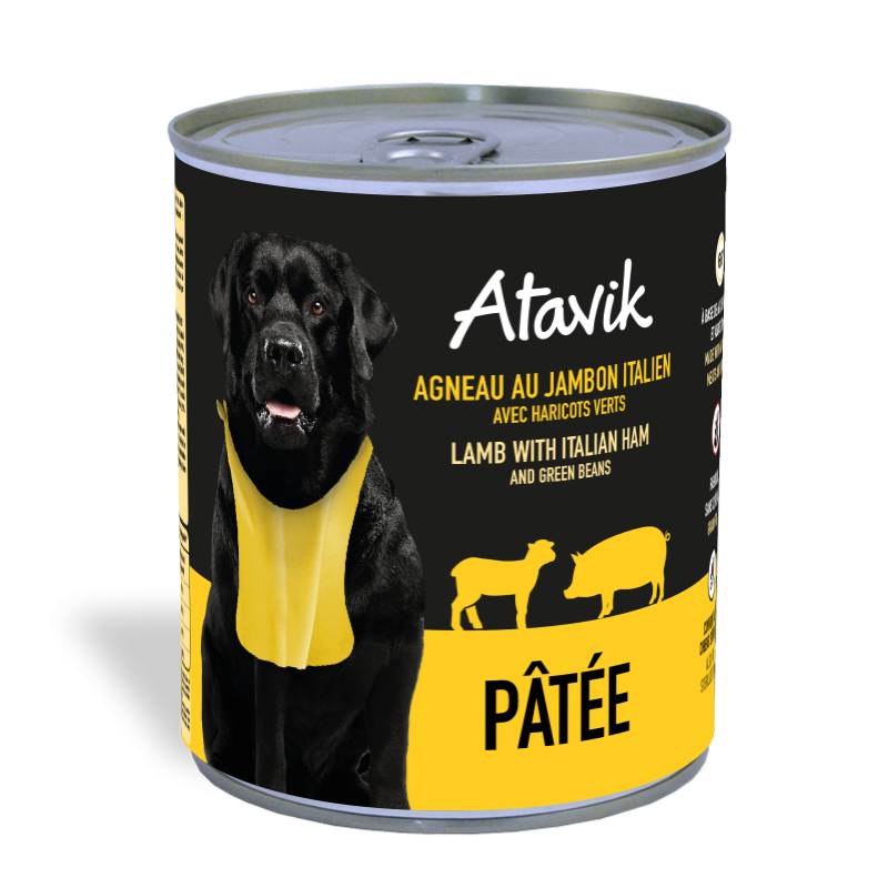 Boite de pâtée chien Atavik agneau jambon italien 800g