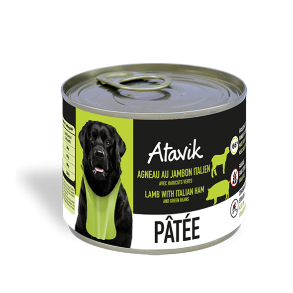 Boite de pâtée chien Atavik agneau jambon italien 200g