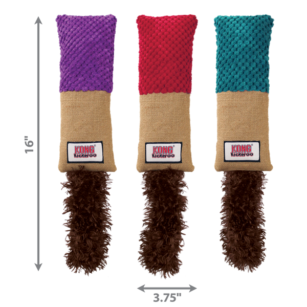 3 jouets kong kickeroo cudler violet, rouge et bleu